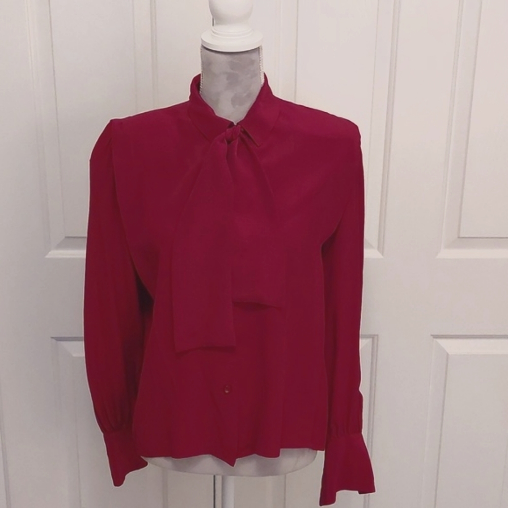 Classic silk crepe cherry red blouse, size 6